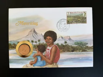 Mauritius numismatischer Umschlag Philswiss 1985 Briefmarke 2 Rupees