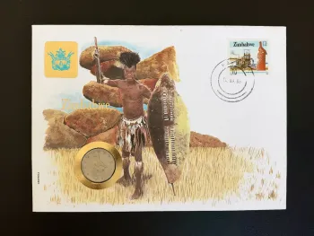 Zimbabwe enveloppe numismatique 1988 timbre 12c pièce 20 cents