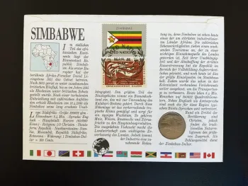 Zimbabwe enveloppe numismatique 1988 timbre 12c pièce 20 cents
