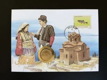 Macédoine enveloppe numismatique Philswiss 1993 timbre poisson Skopje