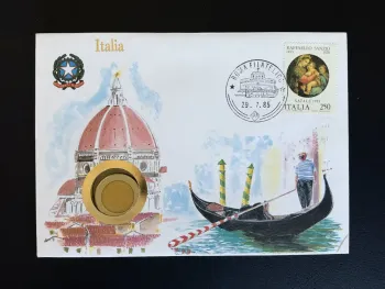 Enveloppe numismatique Italia Raffaello Sanzio Natale 1983 Roma 1985