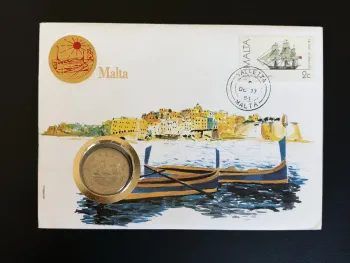 Malte enveloppe numismatique 1984 Valletta navire voilier timbre 2c