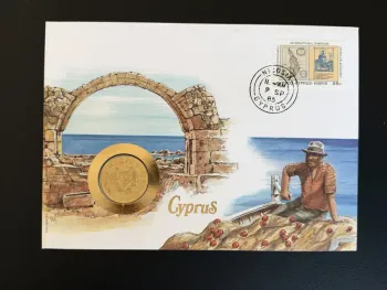 Chypre enveloppe numismatique 1985 Nicosie pièce monnaie timbre 25c