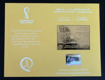 Qatar 2022 Bloc FIFA World Cup football Al Bayt Stadium doré